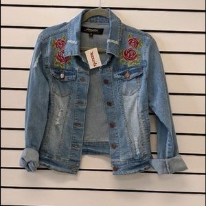 Floral Distressed Denim Jacket by Jou Jou